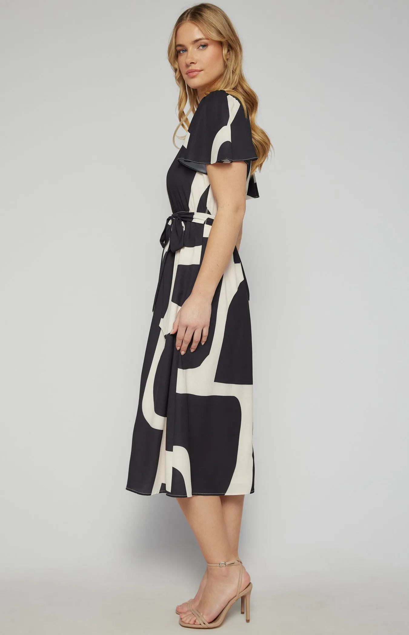 Abstract Print Midi Dress with Elastic Waist