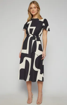 Abstract Print Midi Dress with Elastic Waist