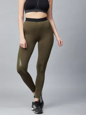 Alcis Women Olive Green Solid Knitted Running Tights