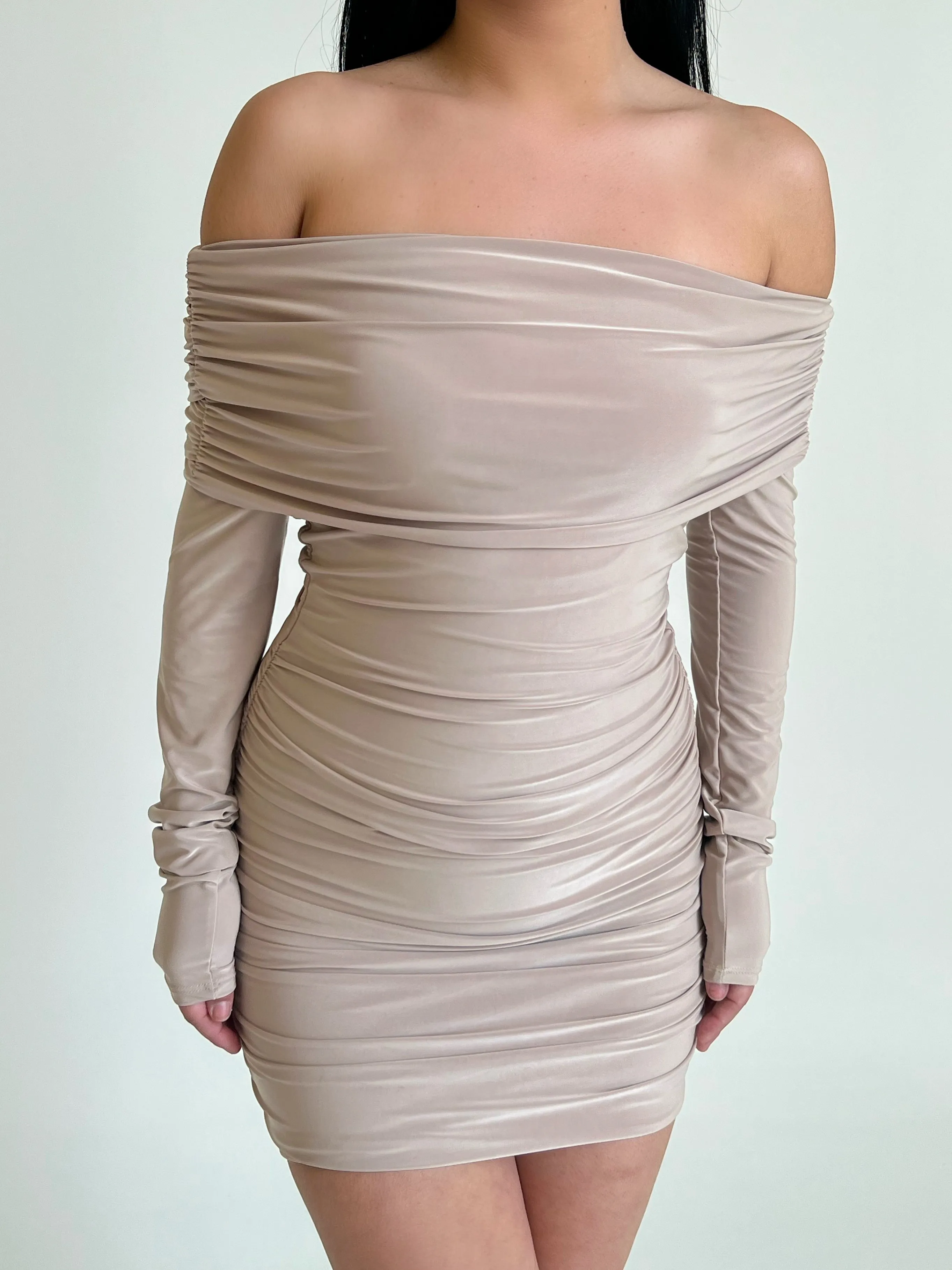 Andrea Off the Shoulder Dress (Taupe)