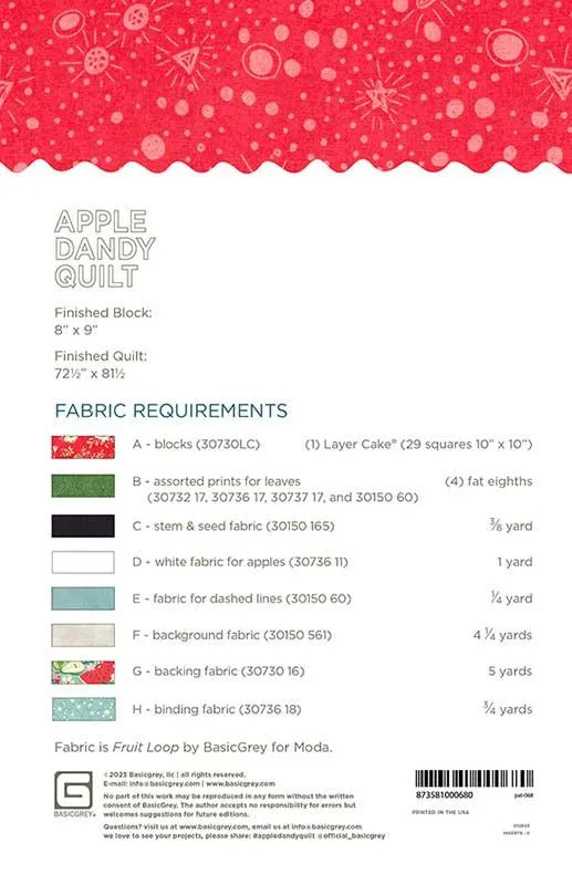 APPLE DANDY - BASICGREY Quilt Pattern 068 DIGITAL DOWNLOAD