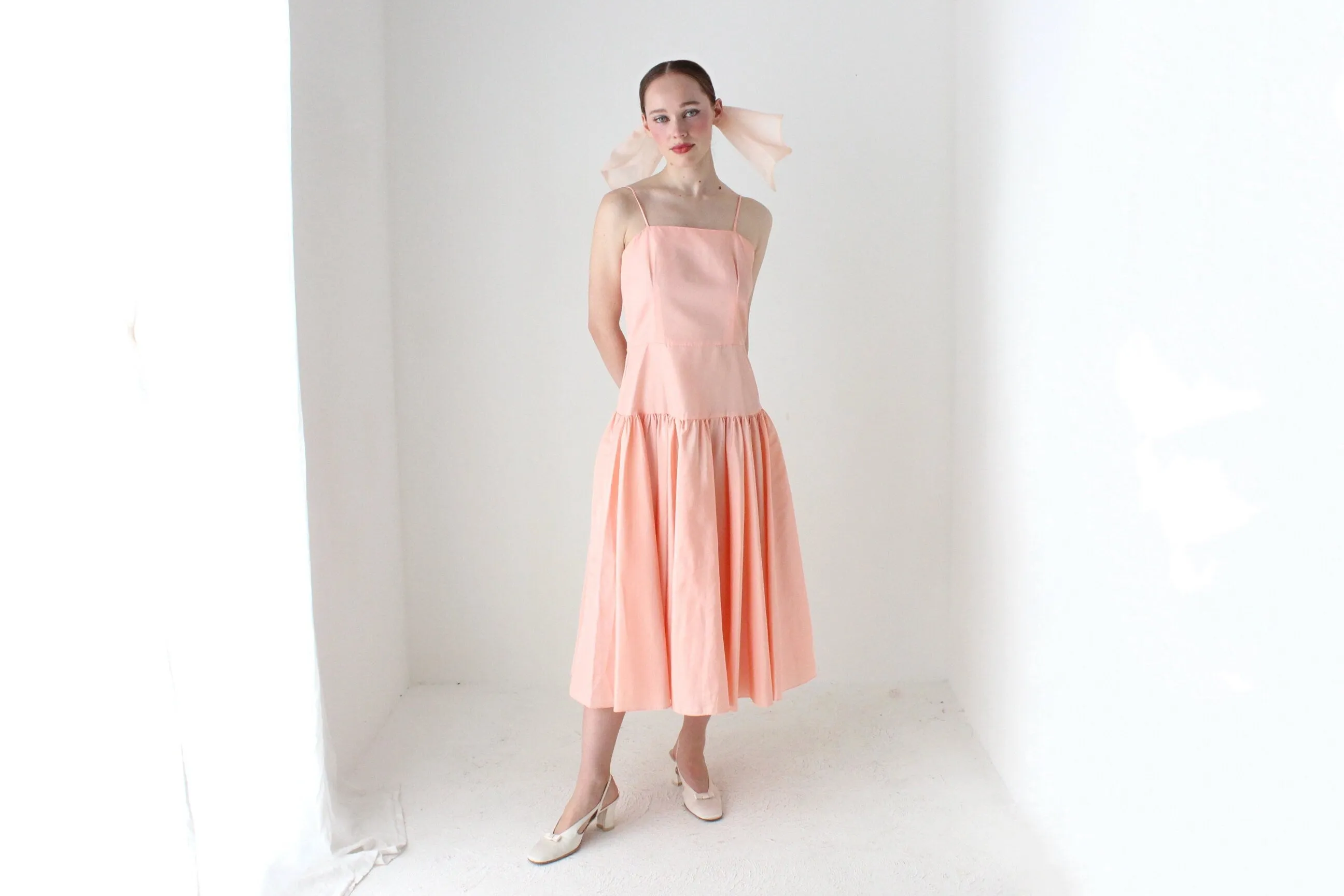 BALLETCORE 80s Ballet Pink Taffeta Drop Waist Cocktail Dress