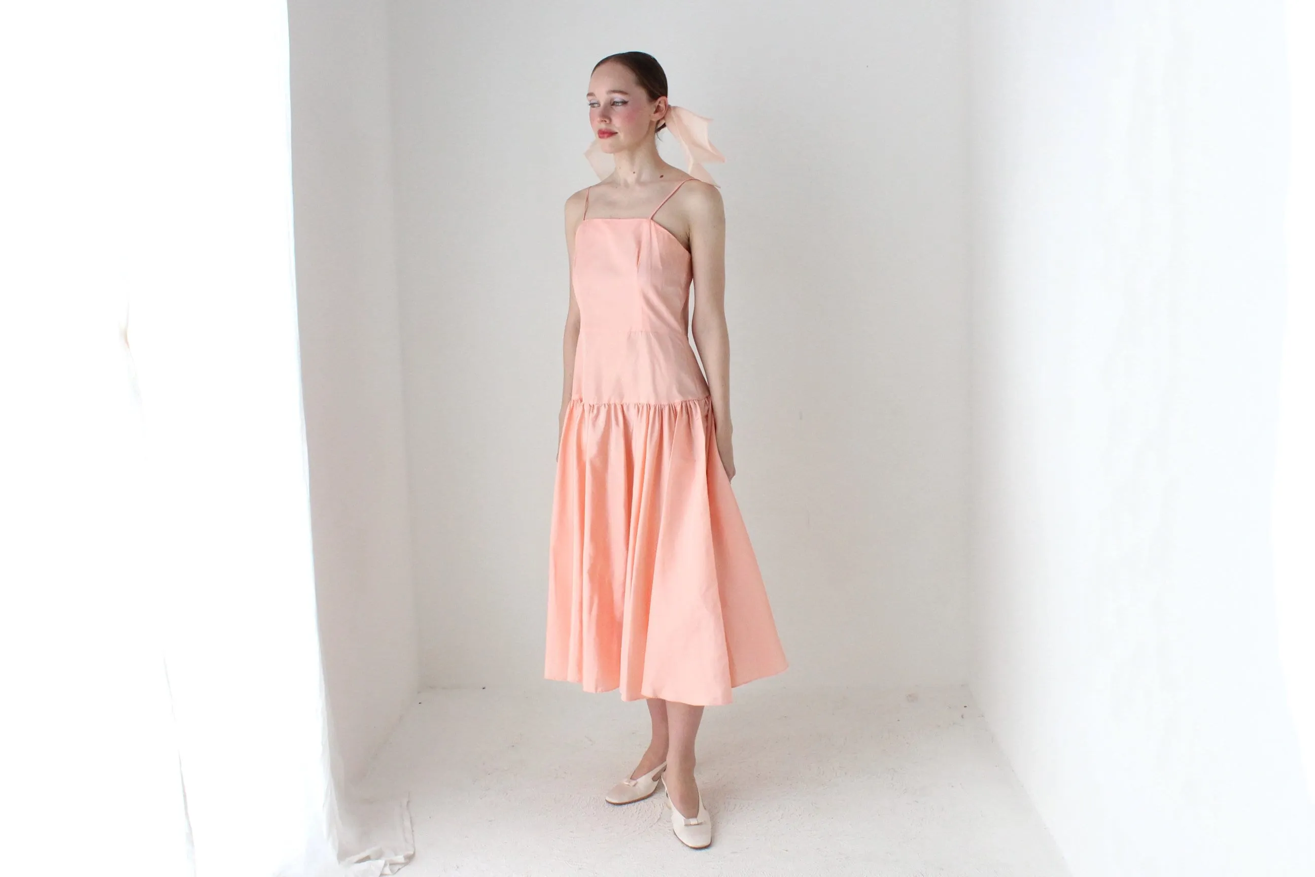 BALLETCORE 80s Ballet Pink Taffeta Drop Waist Cocktail Dress