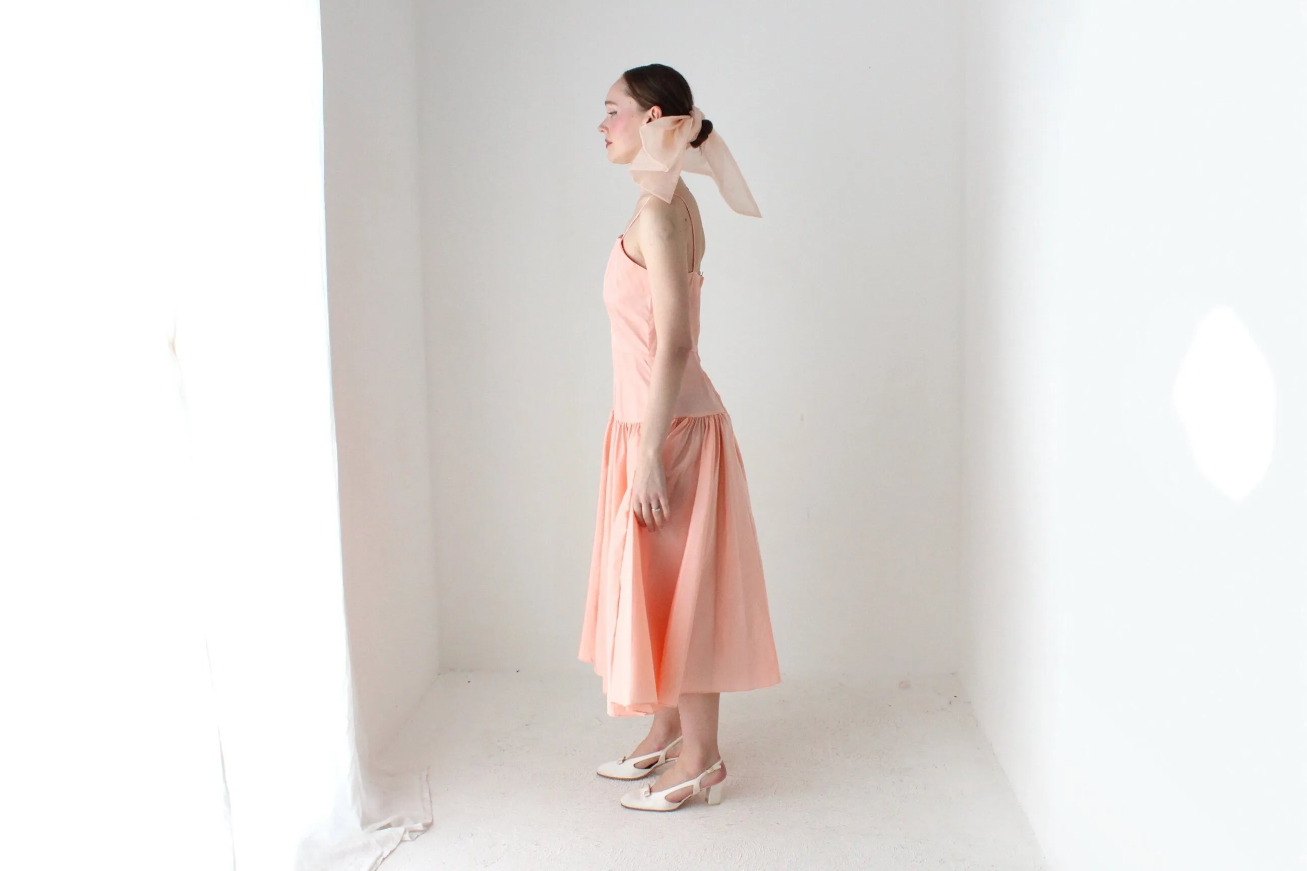 BALLETCORE 80s Ballet Pink Taffeta Drop Waist Cocktail Dress