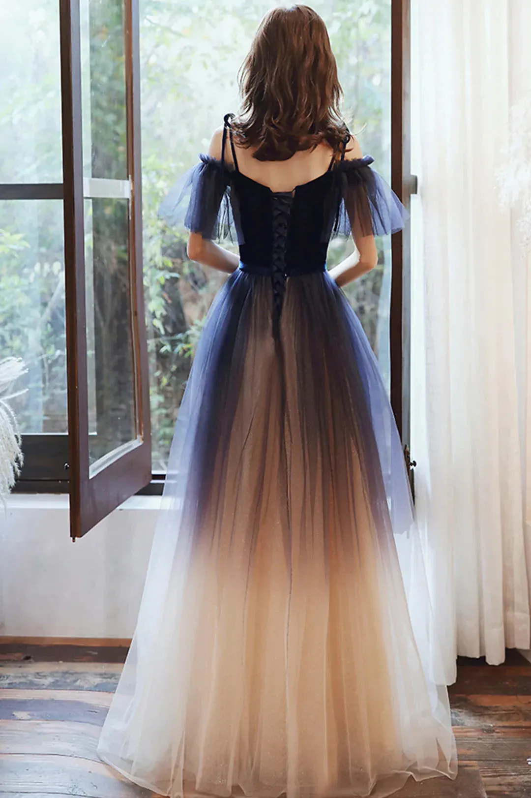 Beautiful Gradient Tulle Long Prom Dress, A-Line Off the Shoulder Lace Evening Dress