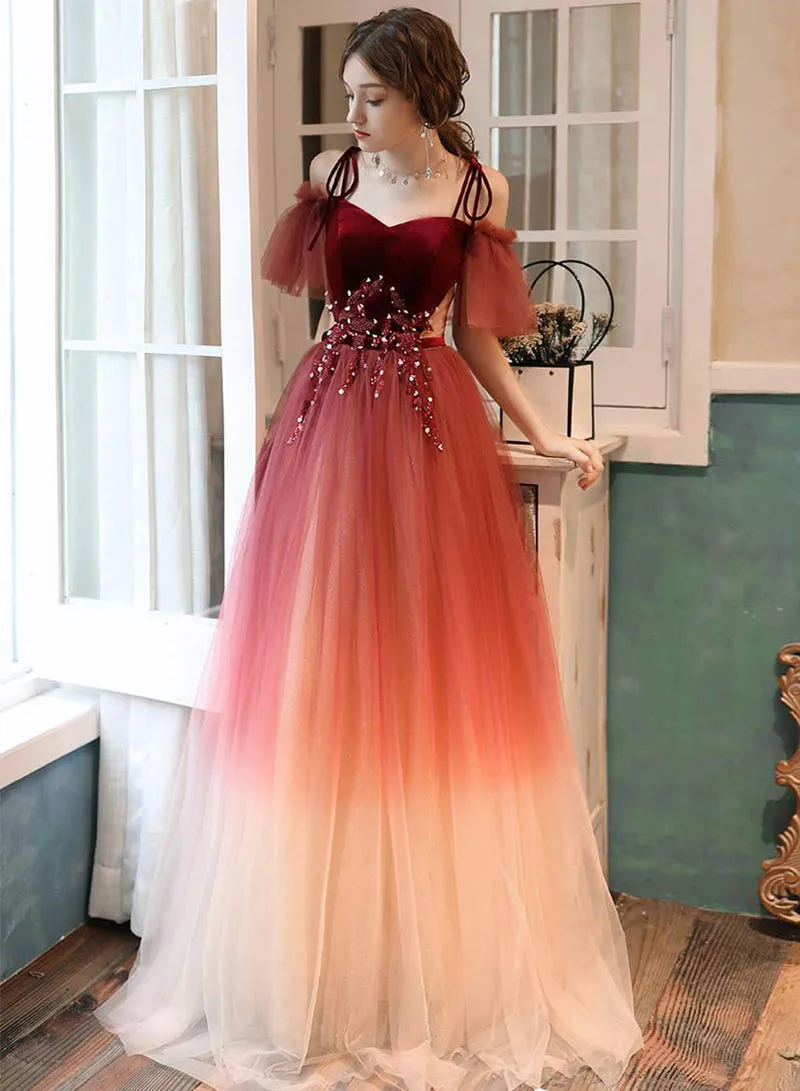 Beautiful Gradient Tulle Long Prom Dress, A-Line Off the Shoulder Lace Evening Dress