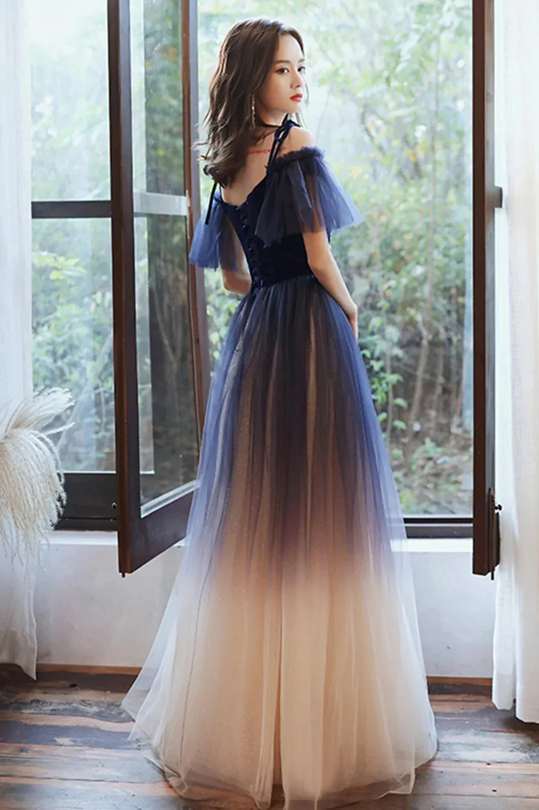 Beautiful Gradient Tulle Long Prom Dress, A-Line Off the Shoulder Lace Evening Dress