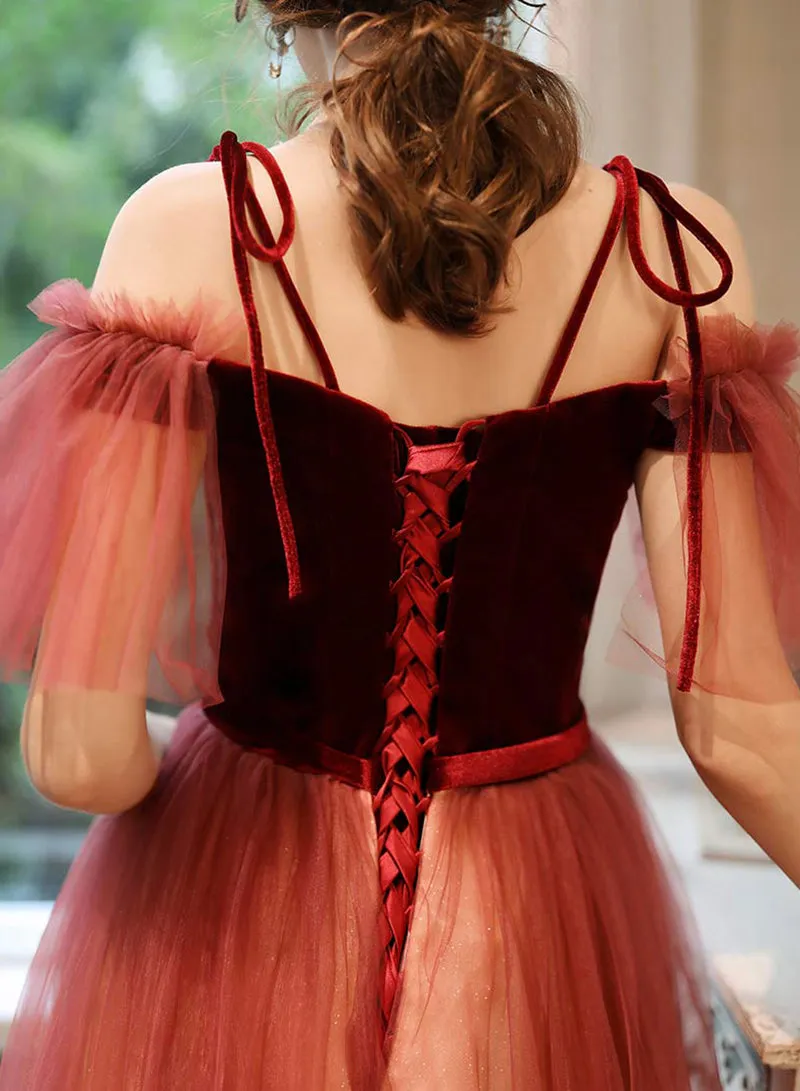 Beautiful Gradient Tulle Long Prom Dress, A-Line Off the Shoulder Lace Evening Dress