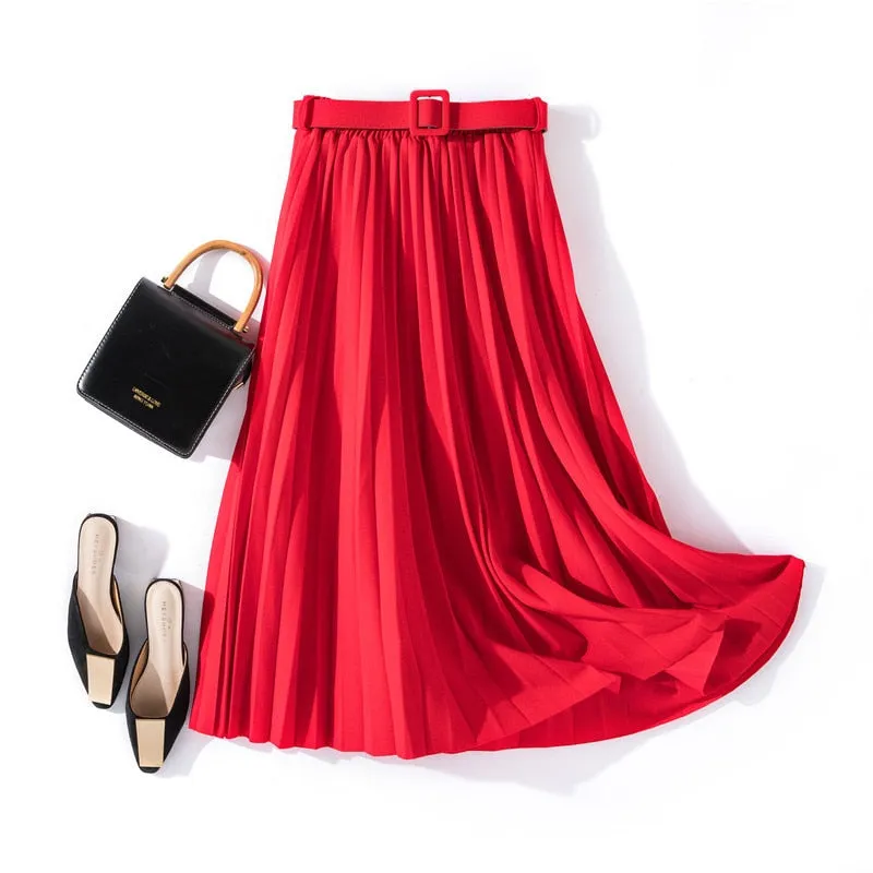 Belted B pleated midi skirt