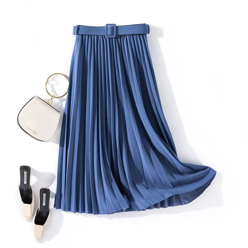 Belted B pleated midi skirt