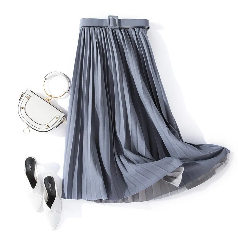 Belted B pleated midi skirt
