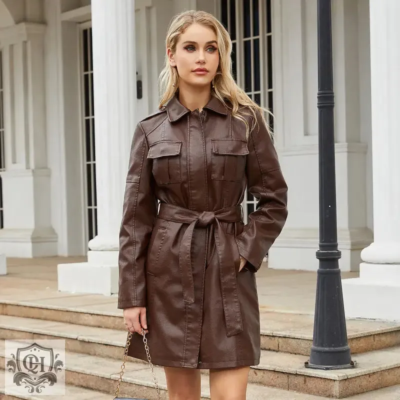 Belted Mid-Length Leather Coat