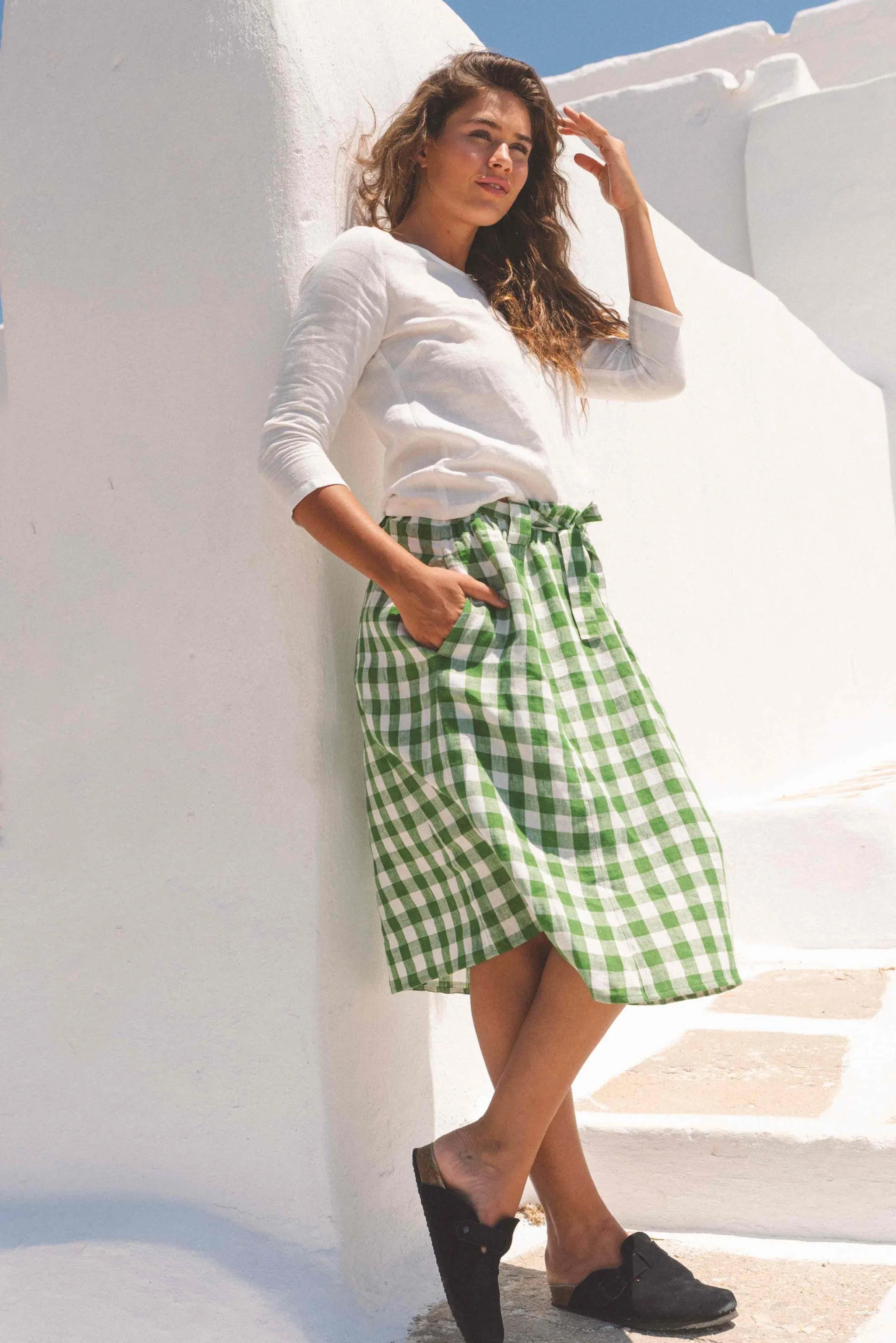 BERGEN mid-length linen skirt in Green Gingham