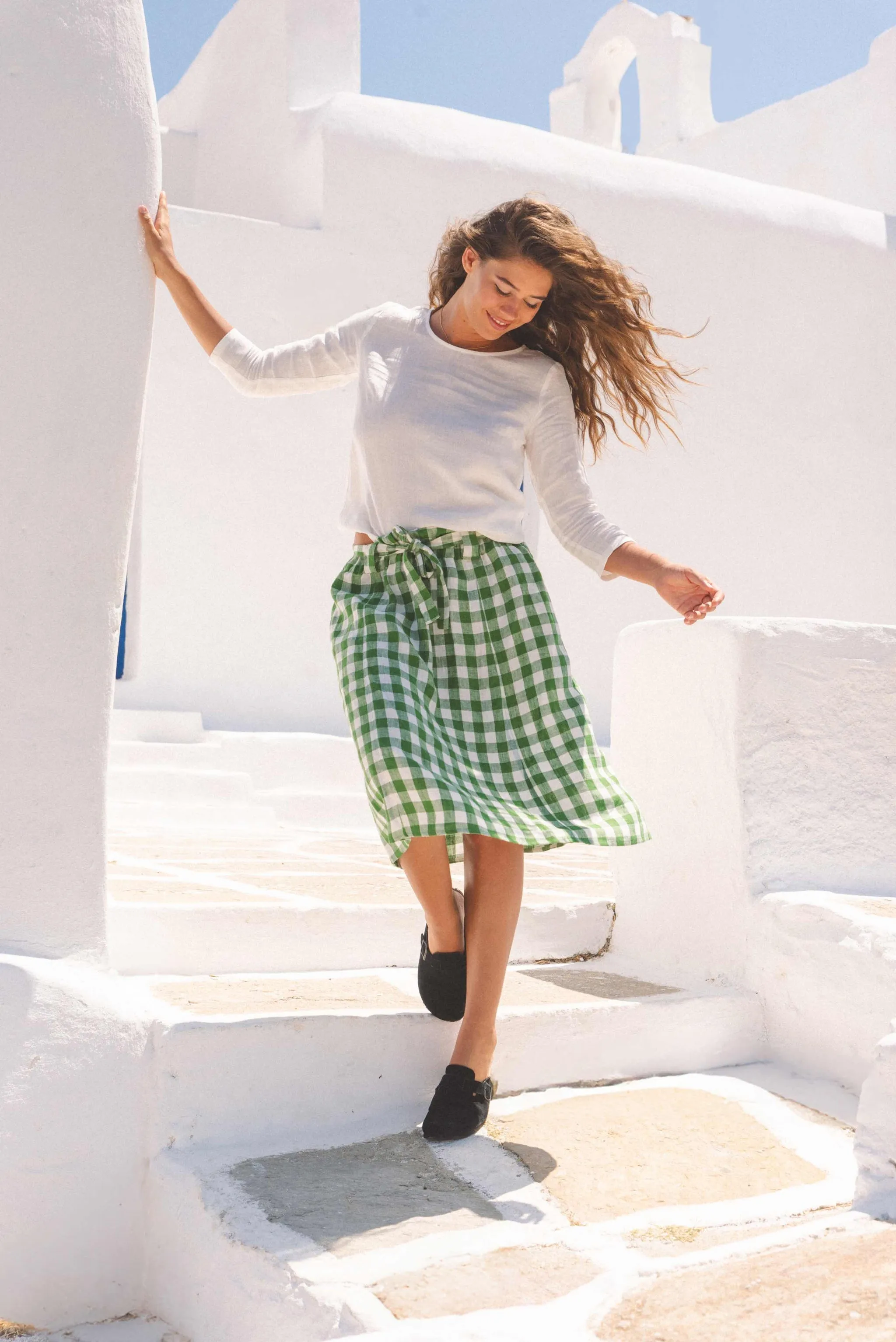 BERGEN mid-length linen skirt in Green Gingham