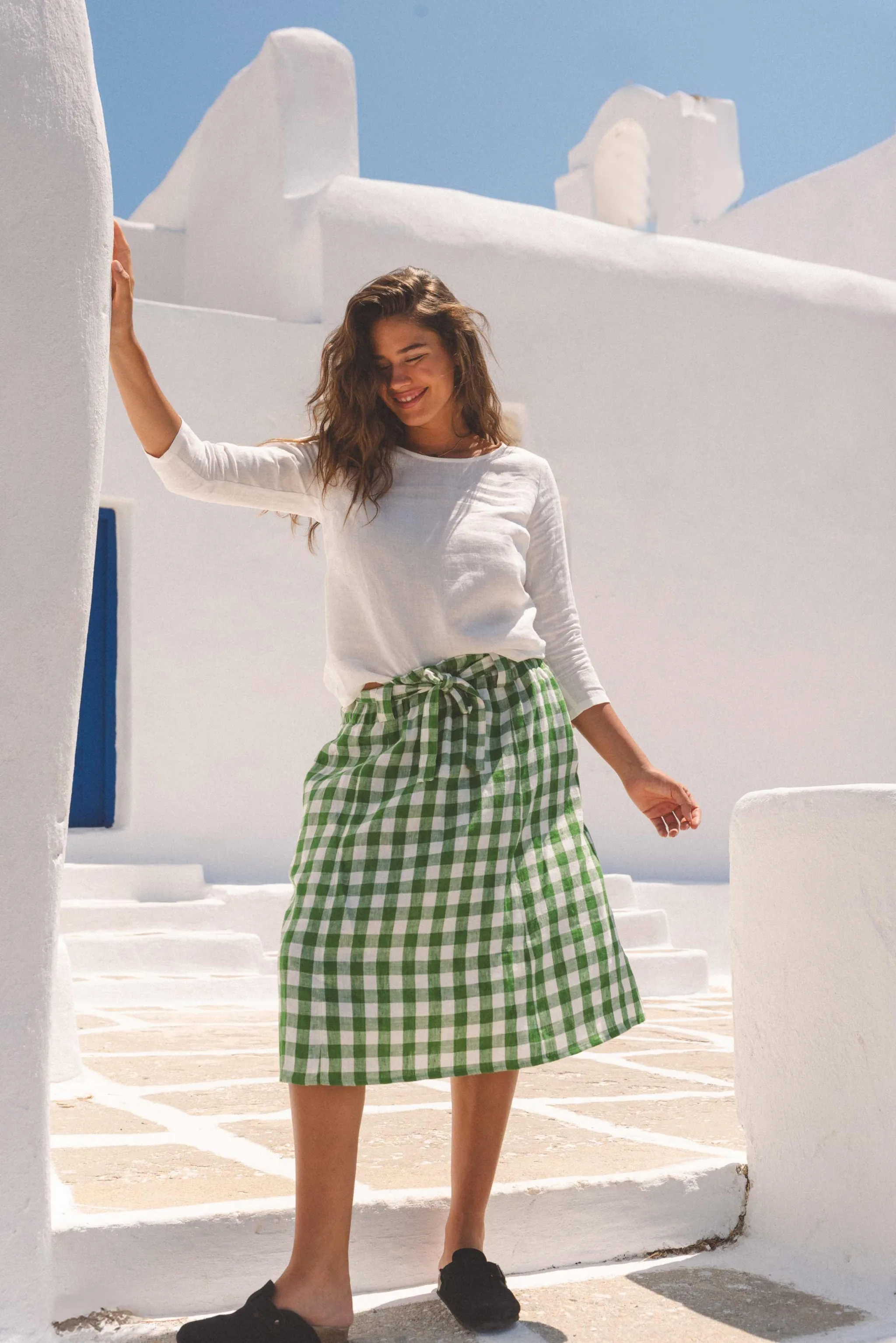 BERGEN mid-length linen skirt in Green Gingham