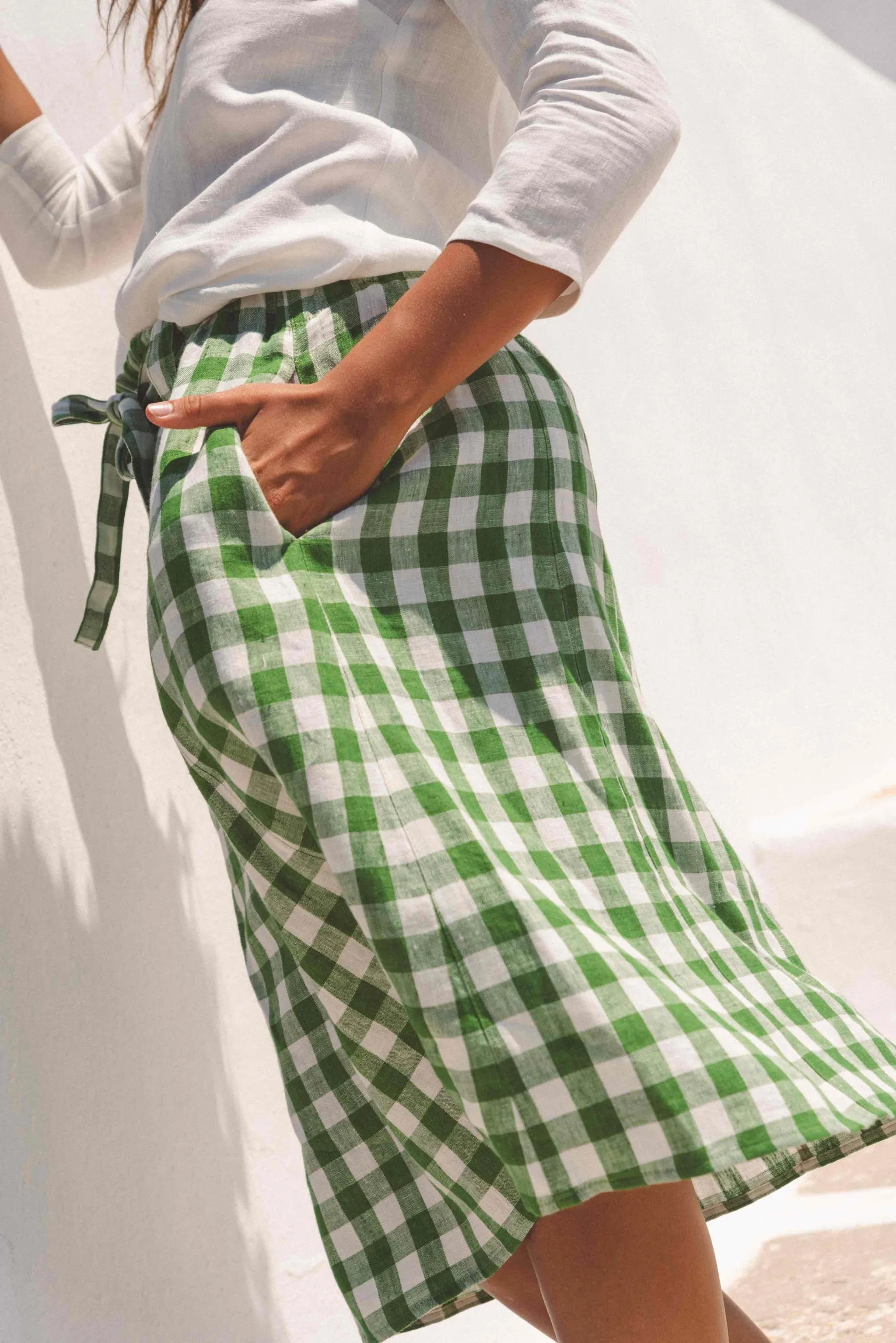 BERGEN mid-length linen skirt in Green Gingham
