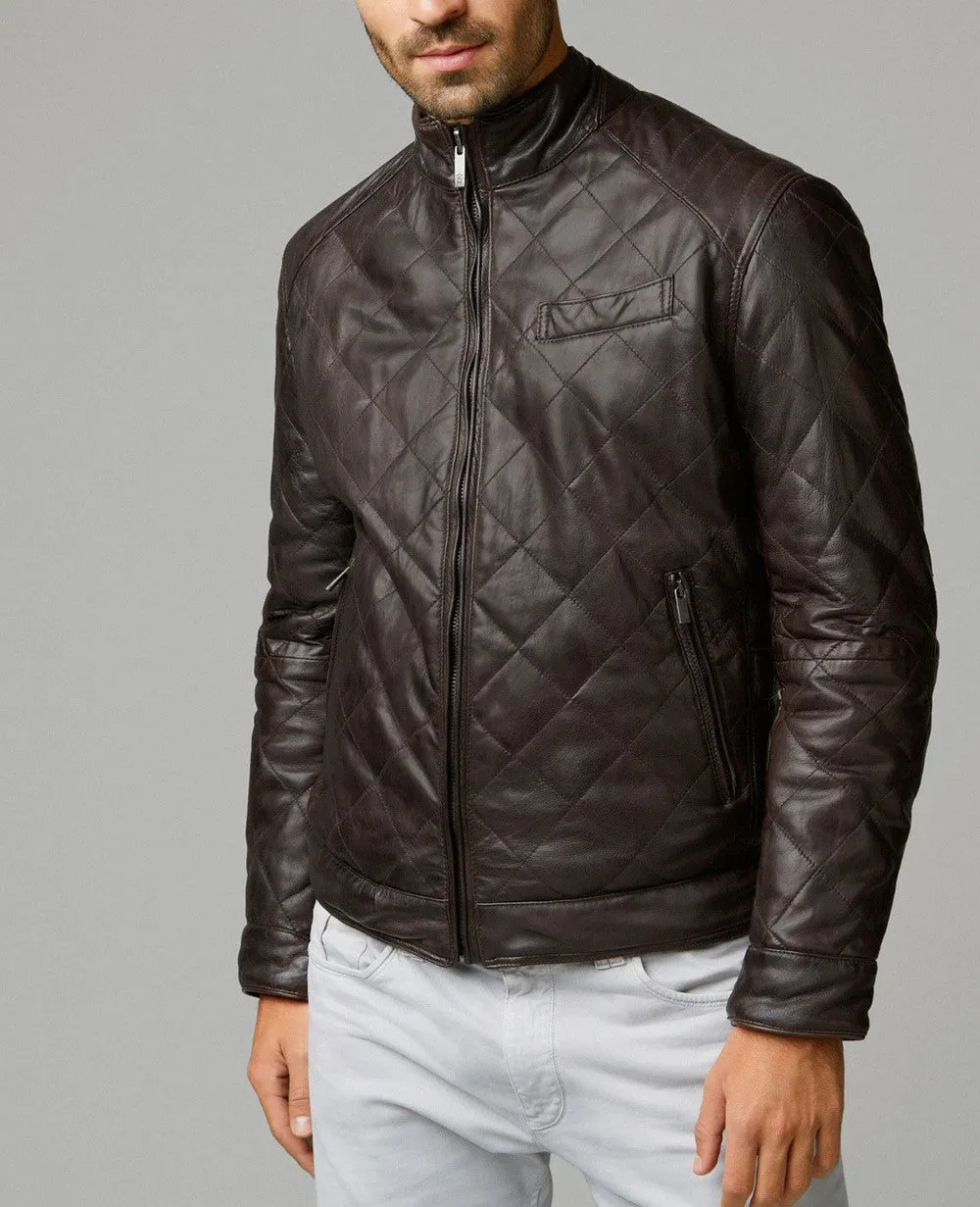 Beri Real Leather Jacket Men Brown Biker Motorcycle Quilted