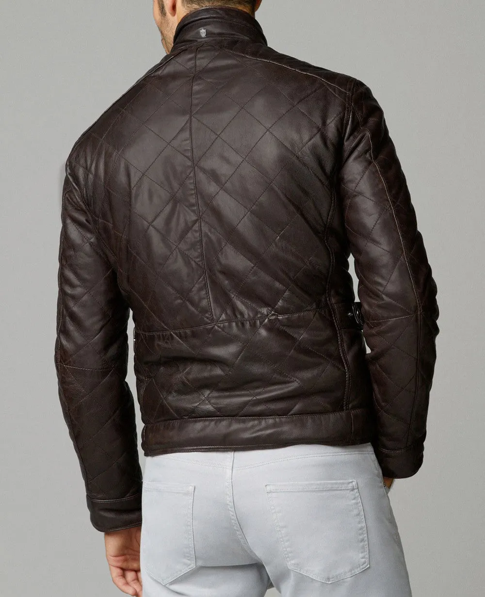 Beri Real Leather Jacket Men Brown Biker Motorcycle Quilted
