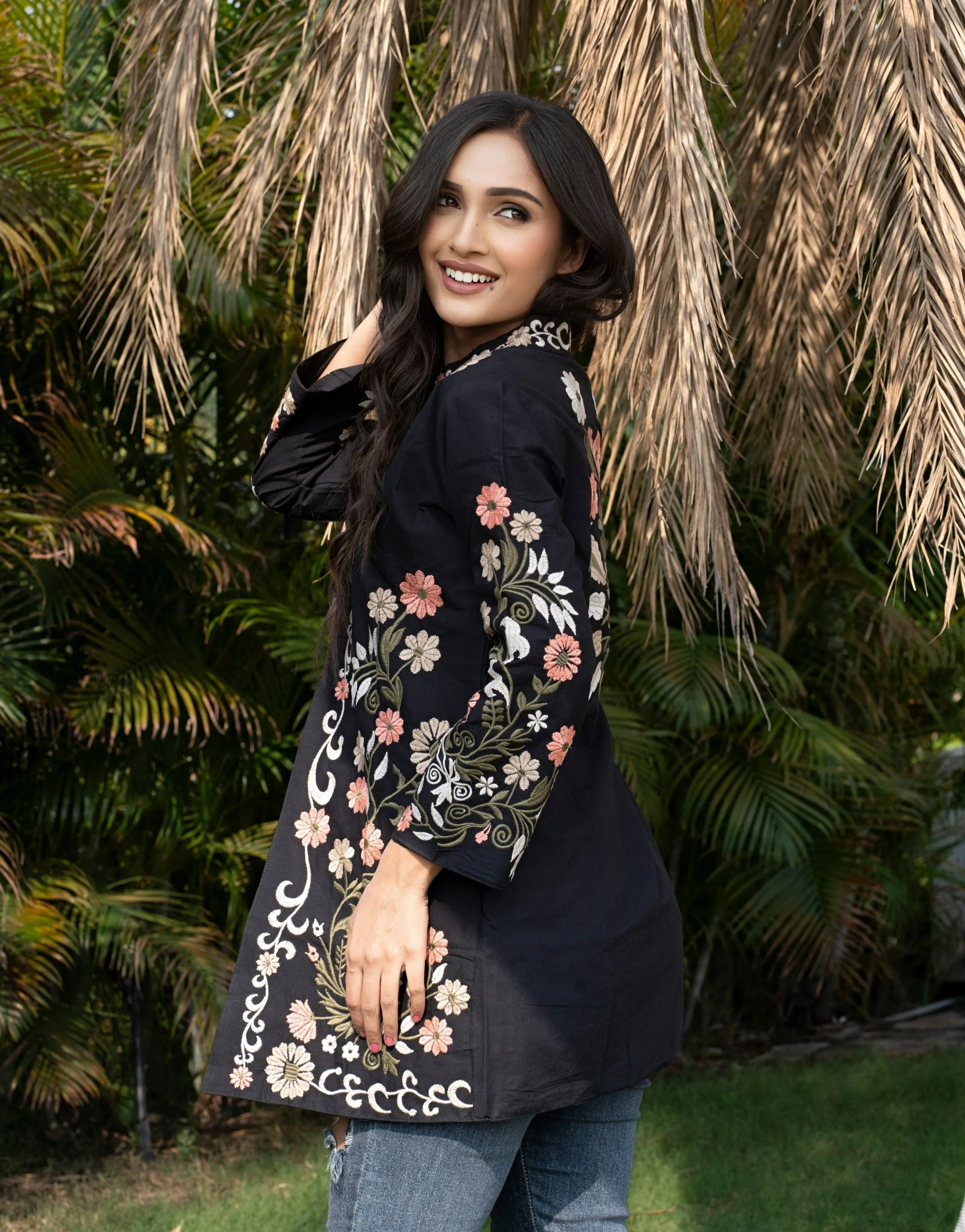 Black Cotton Long Coat, Full Sleeves Jackets for Women