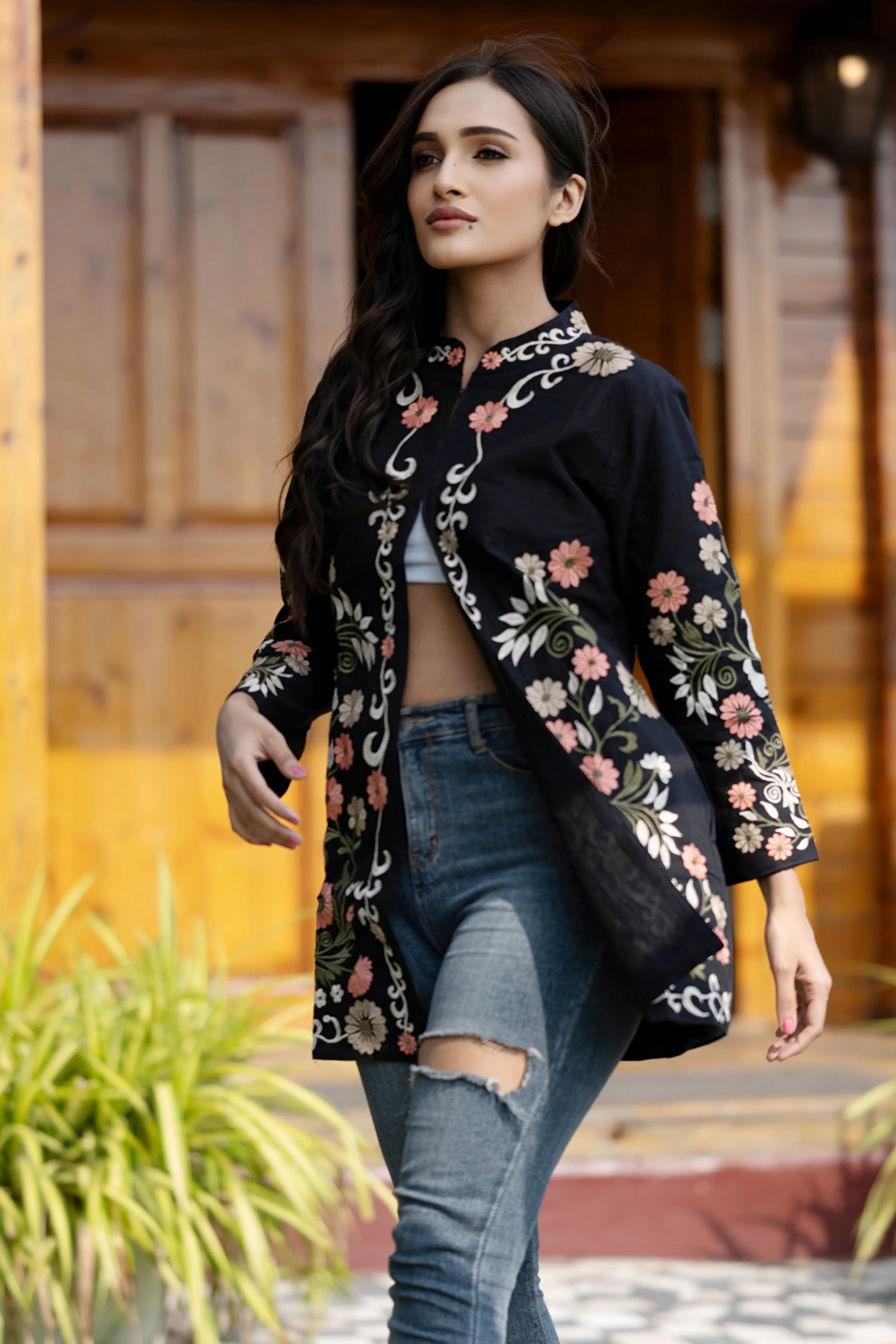 Black Cotton Long Coat, Full Sleeves Jackets for Women