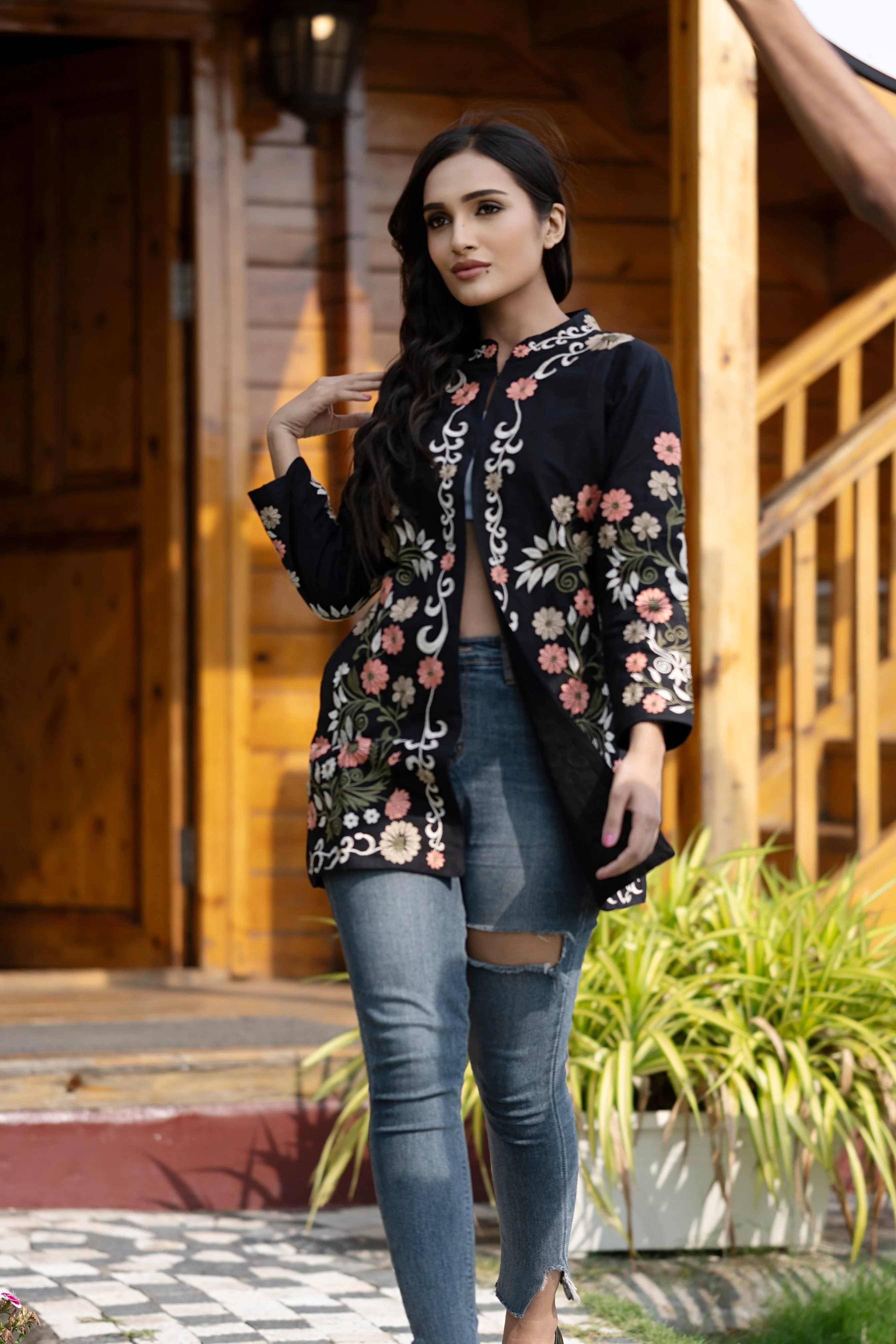 Black Cotton Long Coat, Full Sleeves Jackets for Women