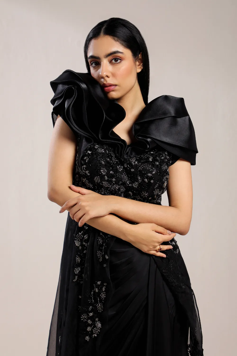 BLACK EMBROIDERED PEPLUM WITH DRAPED SKIRT
