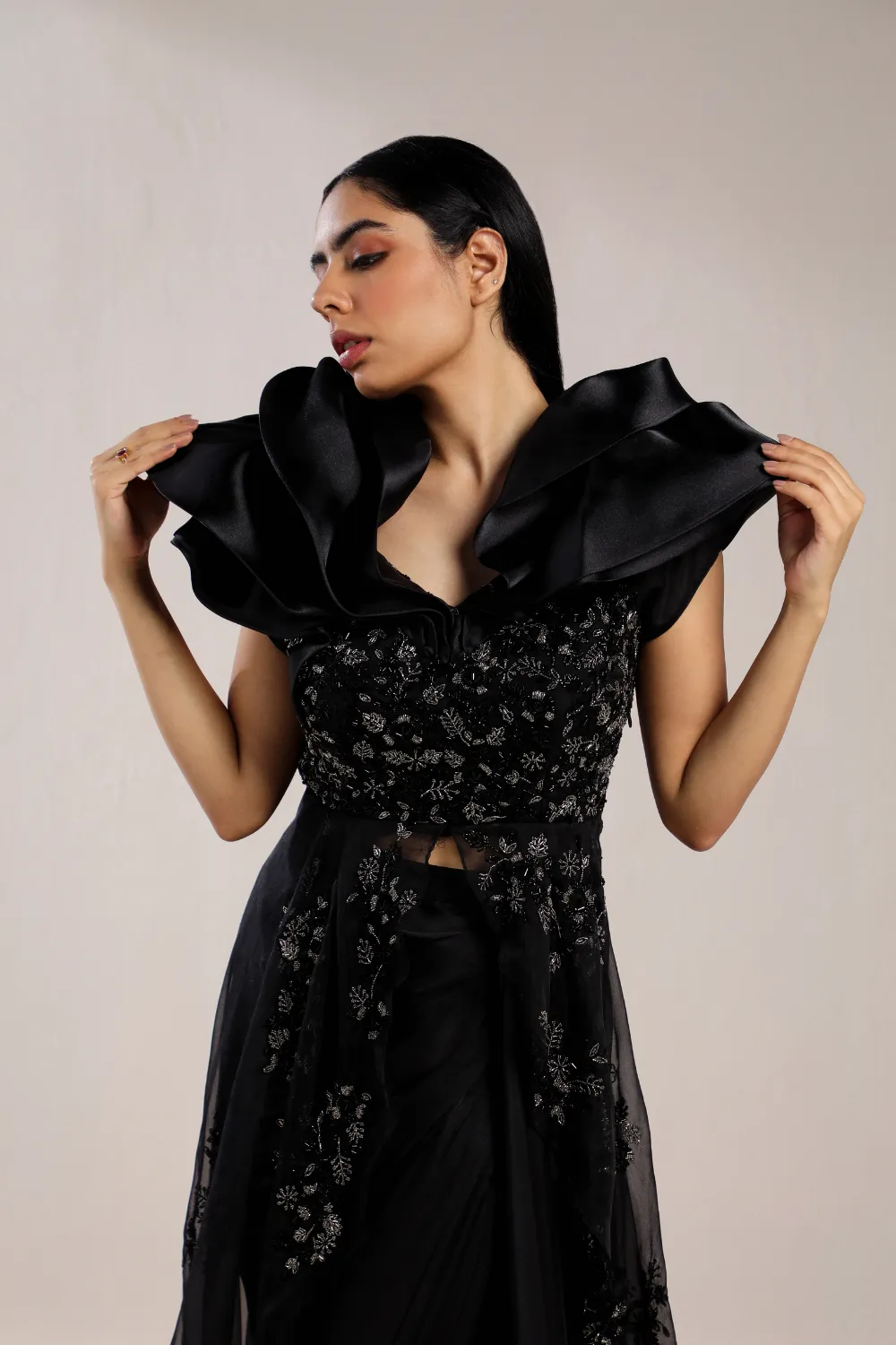 BLACK EMBROIDERED PEPLUM WITH DRAPED SKIRT