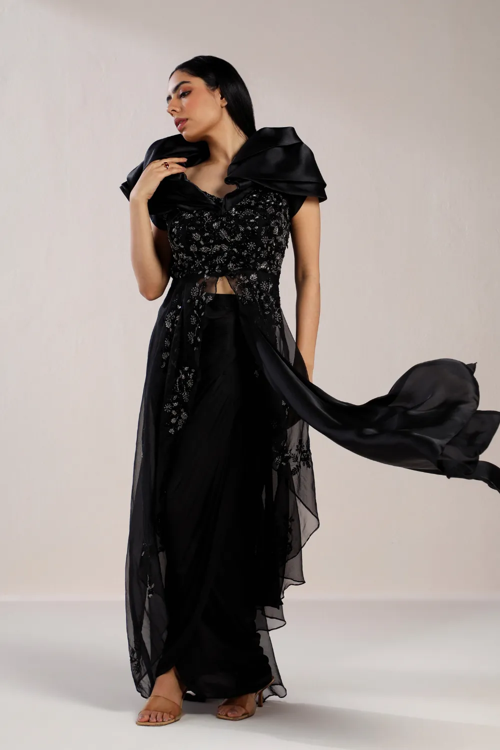 BLACK EMBROIDERED PEPLUM WITH DRAPED SKIRT