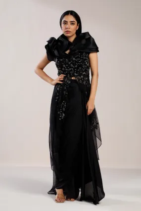 BLACK EMBROIDERED PEPLUM WITH DRAPED SKIRT
