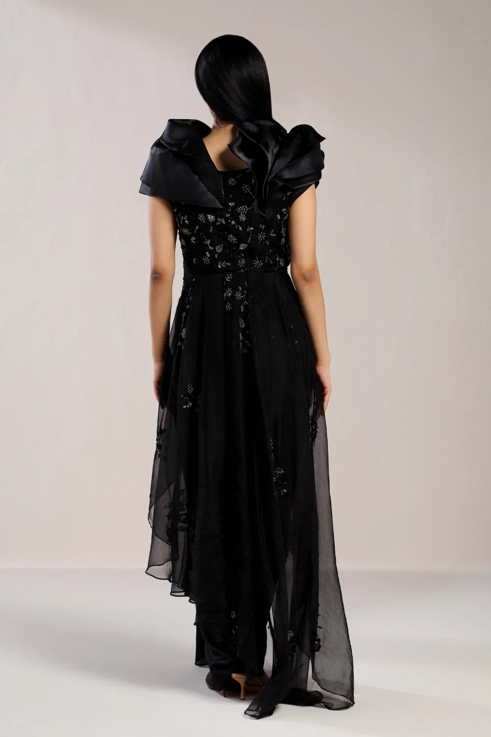 BLACK EMBROIDERED PEPLUM WITH DRAPED SKIRT