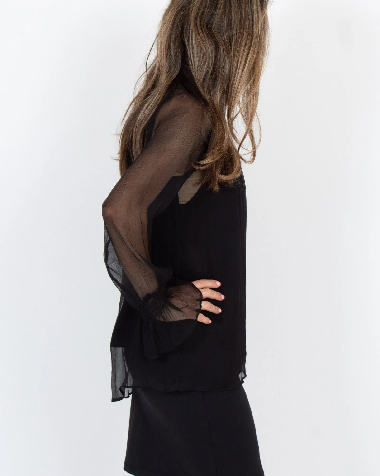 Black Smocked Turtleneck Blouse
