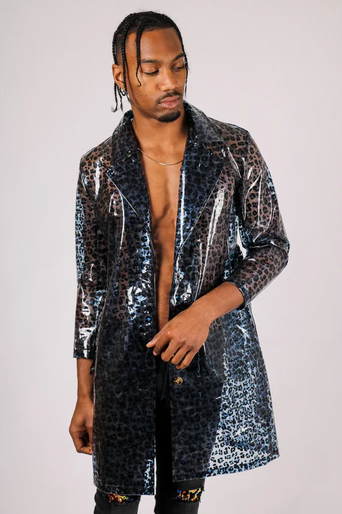 Blue Leopard Transparent  Vinyl Trench Coat