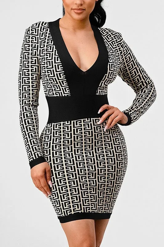 Blue Zone Planet |  Nina's  Black & White Print Bandage Mini Dress