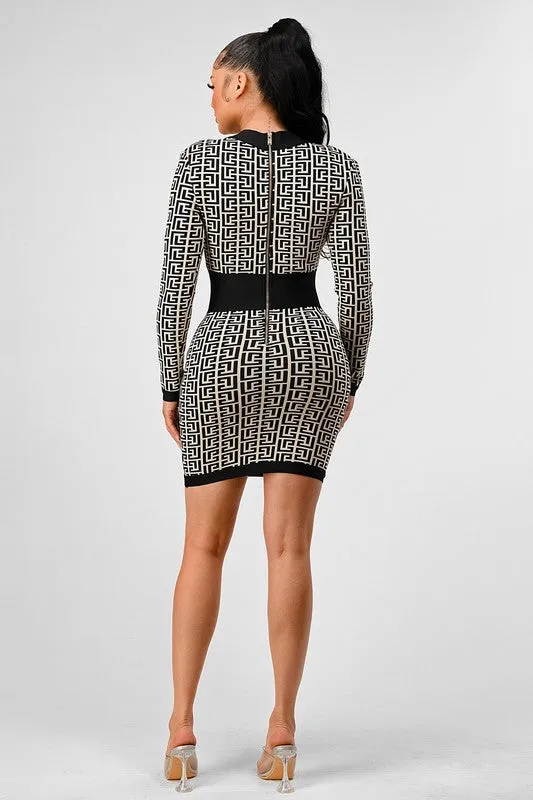 Blue Zone Planet |  Nina's  Black & White Print Bandage Mini Dress