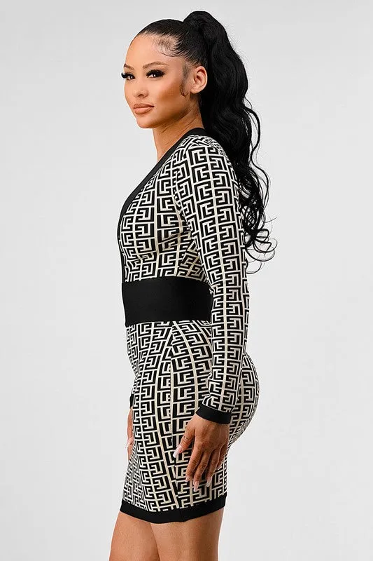 Blue Zone Planet |  Nina's  Black & White Print Bandage Mini Dress