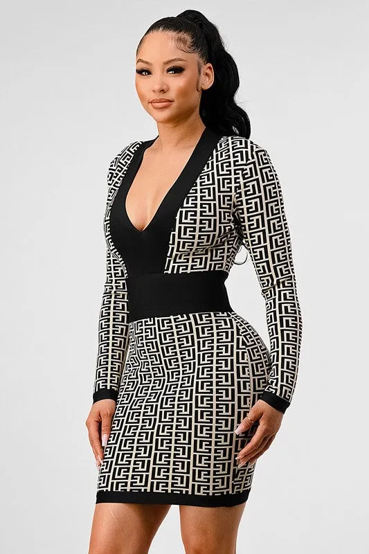 Blue Zone Planet |  Nina's  Black & White Print Bandage Mini Dress
