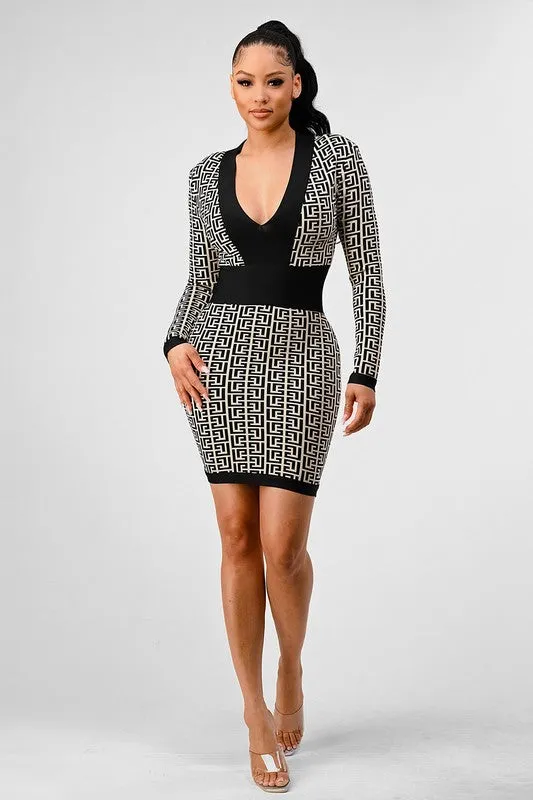 Blue Zone Planet |  Nina's  Black & White Print Bandage Mini Dress