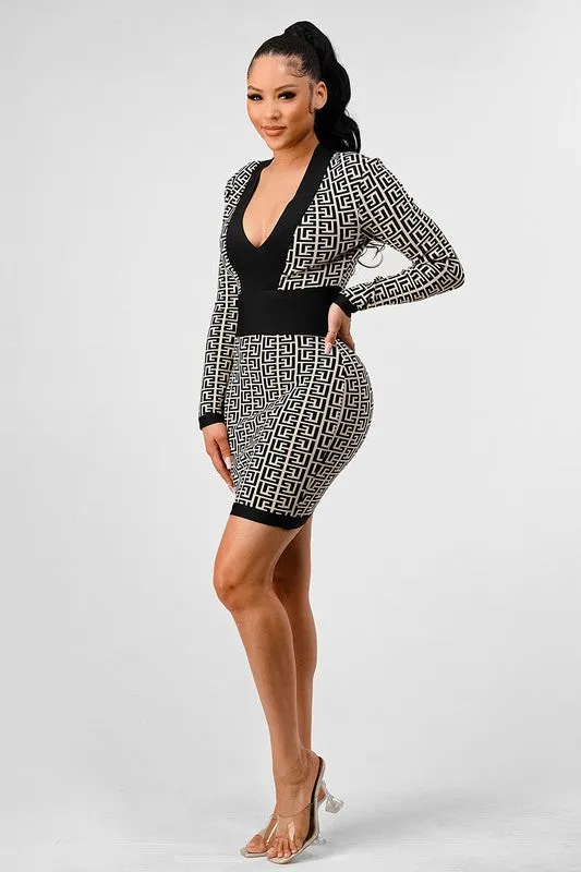 Blue Zone Planet |  Nina's  Black & White Print Bandage Mini Dress
