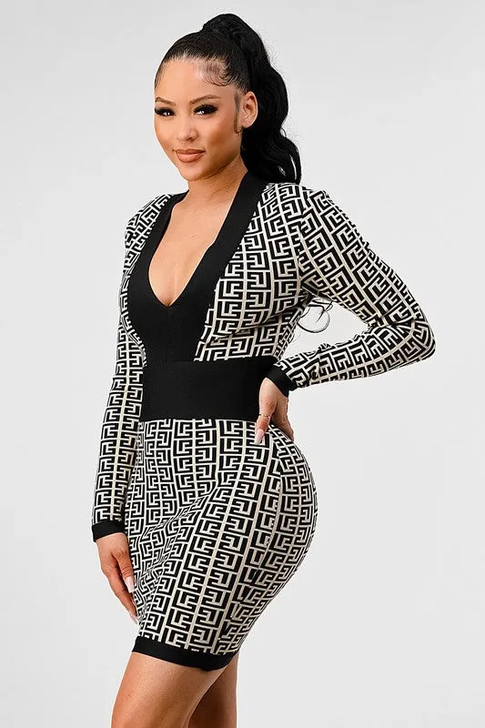 Blue Zone Planet |  Nina's  Black & White Print Bandage Mini Dress