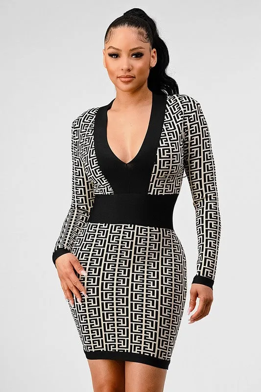 Blue Zone Planet |  Nina's  Black & White Print Bandage Mini Dress