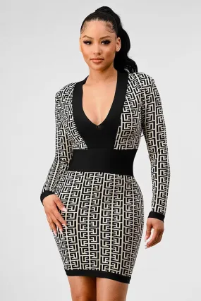 Blue Zone Planet |  Nina's  Black & White Print Bandage Mini Dress