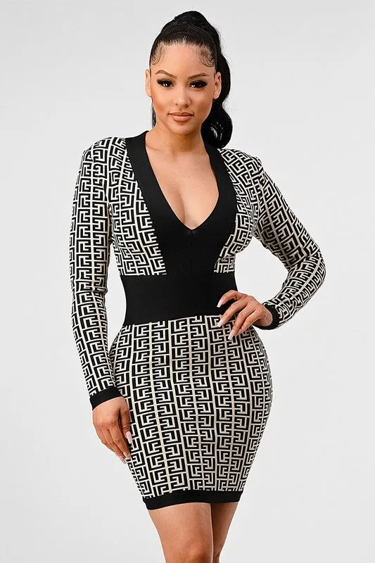 Blue Zone Planet |  Nina's  Black & White Print Bandage Mini Dress