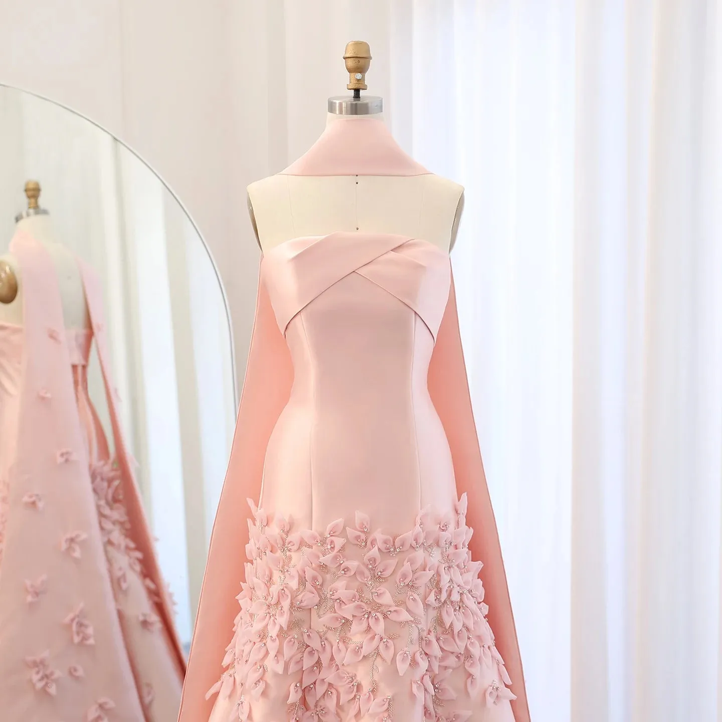 Blush Pink Mermaid Evening Gown with Cape