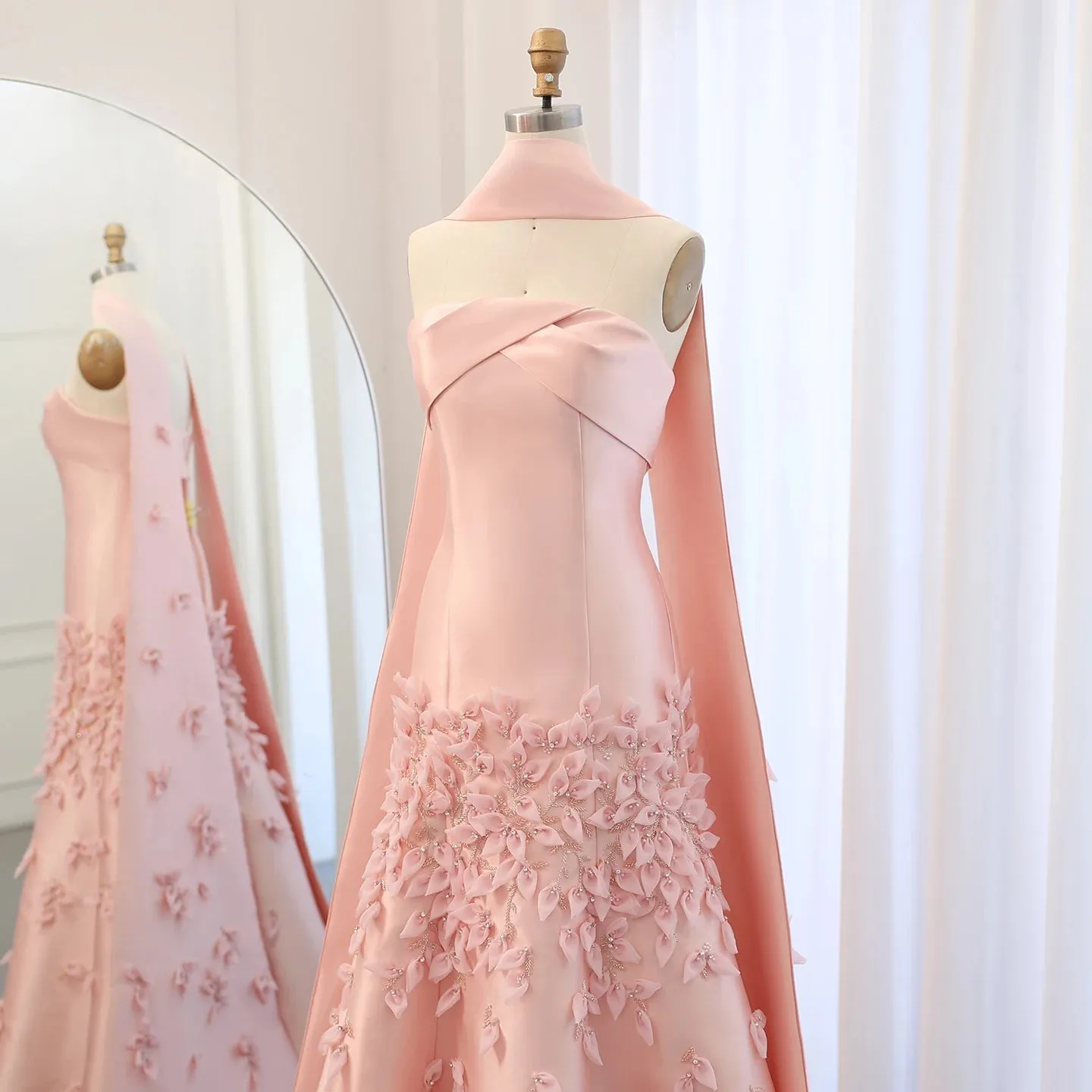 Blush Pink Mermaid Evening Gown with Cape
