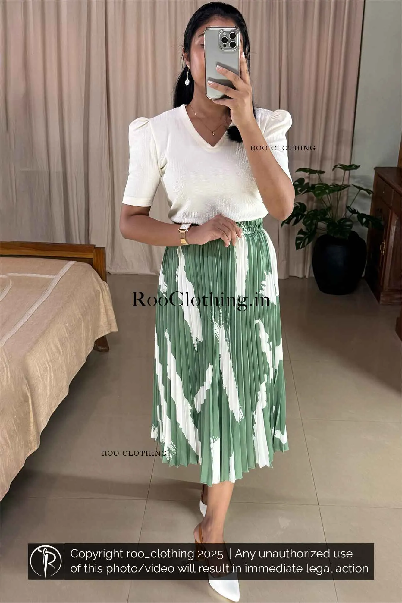 Bold Abstract White Print Mint Green Accordion Pleated Skirt Only