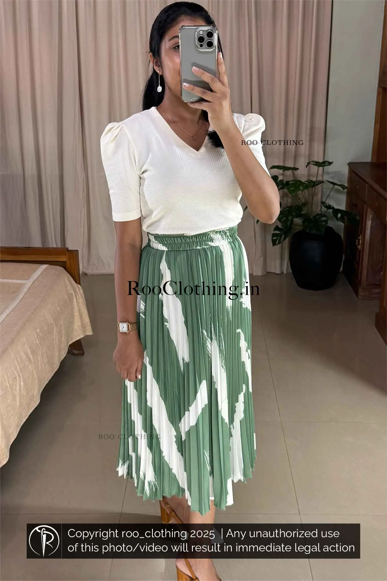 Bold Abstract White Print Mint Green Accordion Pleated Skirt Only