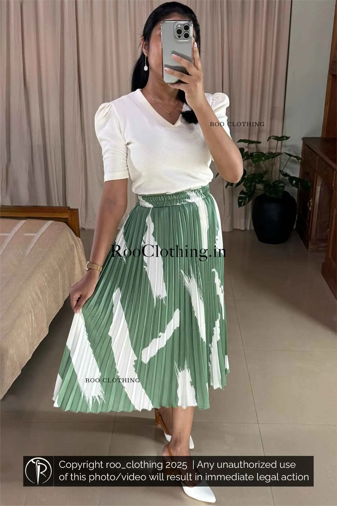 Bold Abstract White Print Mint Green Accordion Pleated Skirt Only