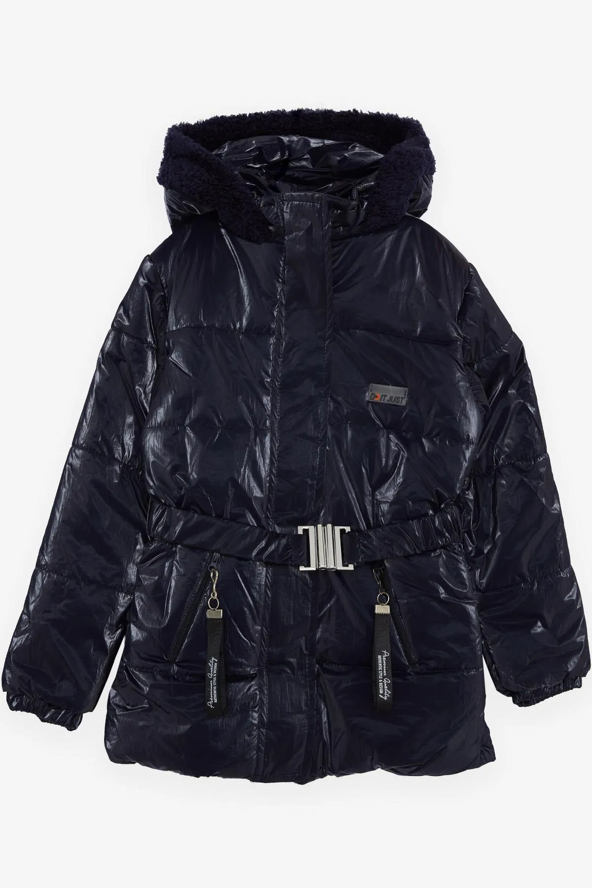 BRE Esso Mandolin Girl's Coat with Belted Hooded Emblem 60 Years, Dark Blue - Memmingen