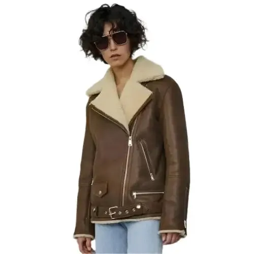 Brown Sheepskin Shearling Coat Aviator Jacket Women