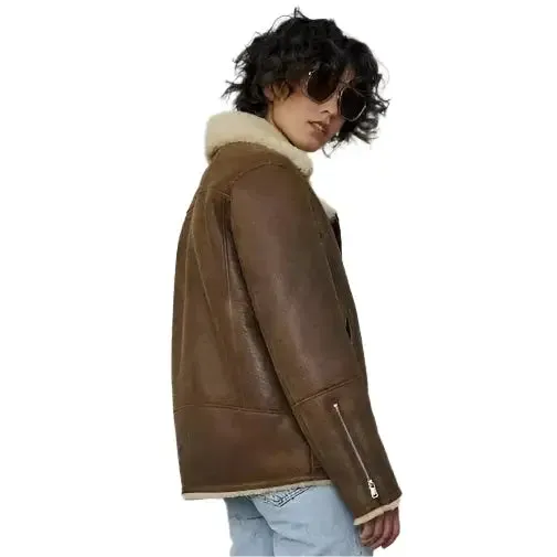 Brown Sheepskin Shearling Coat Aviator Jacket Women